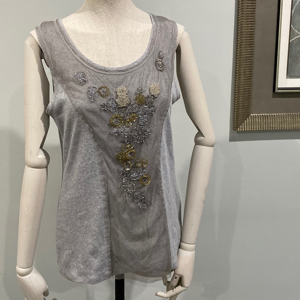 Marc Cain Tank Top Womens Size 12 Ribbed Jersey Mesh Beaded Light Grey Y2K